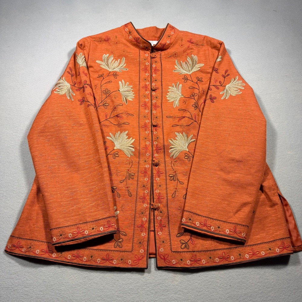 Dressbarn Woman Orange 100% Silk Embroidered Floral Mandarin Jacket Plus 2X